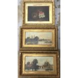 Three antique oil on canvas in gilt frames to include a pair of river scene and a still life with fl
