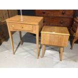 Singer electric sewing machine in light oak cabinet and a similar needle work box with contents