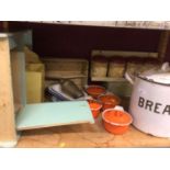 Enamelled kitchen ware, pie dishes and lids, wooden racks, two brass wall lights and box of drawing