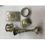 Edwardian silver card case, Edwardian plated vesta case with enamel dog, silver spill vase and two s