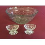 George III cut glass fruit bowl and a pair of Georgian cut glass salts