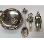 Mr Punch silver rattle with mother of pearl handle, continental silver spoon and other silver plated