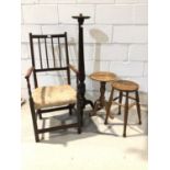 Mahogany open chair, mahogany torchère, old stool and wine table