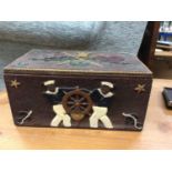 Carved and painted sailor's box with contents, including ephemera, ration books, horn cup, badges, e
