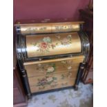 Good quality Oriental lacquered cylinder top bureau with fitted interior and four drawers below