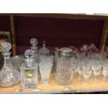 Selection of decanters, bowls, plated spout were, vases and glasses