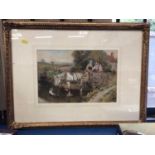 School of Birkett-Foster- watercolour cart and figures crossing stream and another small oval waterc