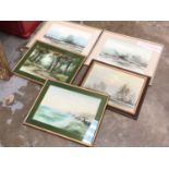 Five watercolours, including one signed, subjects including birds in flight