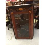 Edwardian mahogany hanging corner cupboard with glazed door and inlaid decoration