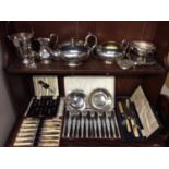 Silver plated three piece tea set, boxed sets cutlery and other plated ware