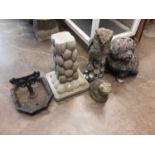 Selection of garden ornaments including owl, dog frog etc