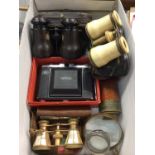 Three pairs vintage opera glasses, Zeiss Ikon Nettar camera, telescope and some lenses