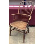 Mid 19th century Windsor elm and ash elbow chair, East Midlands.