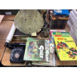 Giles Cartoon books, Asterix books, novels, telephone, light shade, lady table lamp and pictures