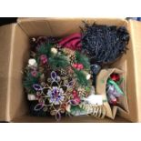 Box of Christmas decorations including lights, two cushions and Bush vintage radio