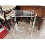 Art Deco lucite two tier table, similar display stand and an Art Deco metal umbrella stand