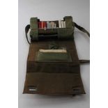 British military vapour detector kit in canvas webbing bag with strap, the interior marked with broa