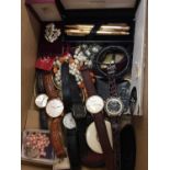 One box of costume jewellery, wristwatches and pens