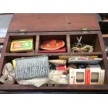 Sewing box with contents together with large quantity of glass beads and tin of old marbles