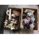 Two boxes of sundries, including china, pair of Scottish whisky decanters, etc