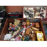 Vintage suitcase containing wooden train set, miniature wooden figures, farm animals, tin plate wind