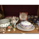 Royal commemorative china, dinner ware, animals, brass candle sticks and chamber pot