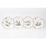 Good set of four 19th century English porcelain plates, each polychrome enamelled with birds and ins