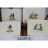Rare set of eight satirical hand coloured etchings by J Royle, published 1825