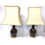 Pair of Chinese style sang de boeuf vase lamps, with square shades, total height 68cm