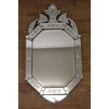 19th century style Venetian etched glass wall mirror, with canted rectangular bevelled plate in etch