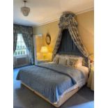 Traditional upholstered blue floral bedroom suite, comprising two single beds to make a super king b