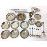 Quantity of silver, including mustard, Tiffany fork, continental egg cup, six coffee bean spoons and