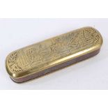 Late 18th / early 19th century Dutch copper and brass tobacco box with engraved scenes to the lid an