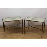 Pair of stylish brass side tables, each with square glazed top housing framed prints of Shugborough