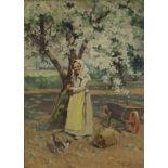 Ferdinand E Grone (1848-1920) oil on canvas, figure under a fruit tree, signed, gilt frame NB: Fe