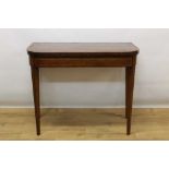 Regency mahogany and marquetry inlaid D-shaped card table, the fold over top with baize to underside