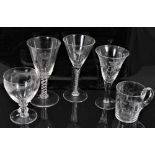 Five 1953 Coronation glasses, all with etched inscriptions and decoration, one with a mercury twist