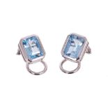 Pair of aquamarine and 18ct white gold earrings with an octagonal step cut aquamarine measuring appr