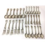 Victorian silver fiddle, shell and thread pattern table service comprising 6 dinner forks, 6 dessert
