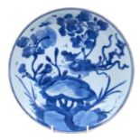 Chinese blue and white porcleain dish, Kangxi period, decorated with a phoenix perched on rockwork,