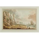 Copplestone Warre Bamfylde (1720-1791) watercolour - Fort under cliffs by the shore, apparently unsi