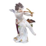 Meissen figure of Cupid as an archer, circa 1900, shown seated on a scrollwork base, a shot bird on