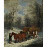 Manner of Thomas Smythe (1825-1907) oil on canvas - The Timber Wagon in snow covered woodland