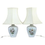 Large pair of Herend porcelain lamps, with moulded basket weave surface, decorated with birds and in