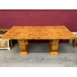 Good quality Art Deco style burr maple veneered dining table on end standards, 200cm wide, 101cm dee