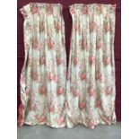 Pair of pink rose and green leaf interlined curtains with pinch pleated tops measuring approximately
