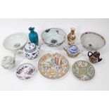 Collection of antique Oriental ceramics and stands, including two Canton dishes, two 18th century Ch