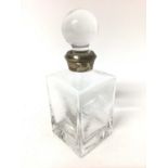 Stylish modern glass decanter, of square form with spherical stopper and sterling silver collar, 21.