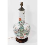 19th century Chinese porcelain bottle vase, converted to a lamp, polychrome decorated with precious