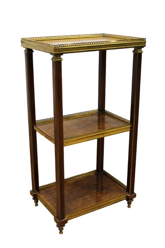 Good 19th century Continental parquetry and brass mounted three tier étagère, each rectangular tier